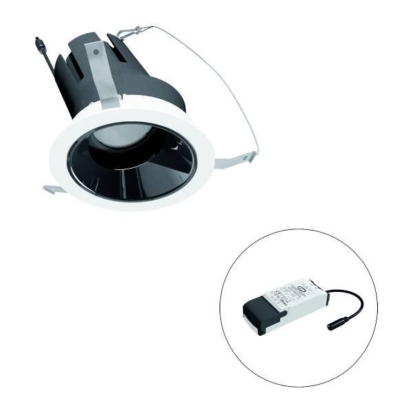 LED-Einbaustrahler mit schwarzem Gehäuse und weißem Rand, abgebildet neben einem passenden Treiber in Nahaufnahme.