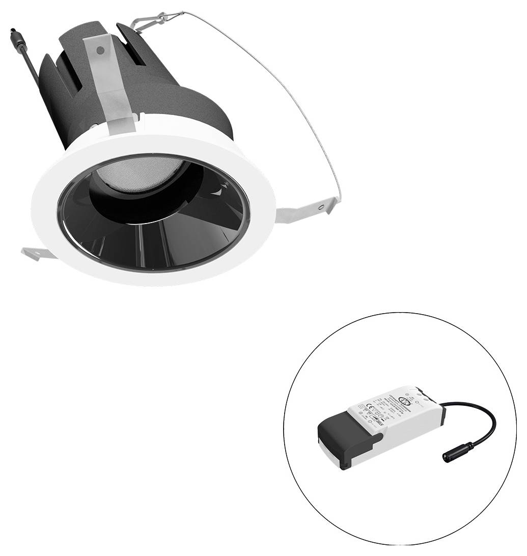 Eingebaute LED-Downlight-Leuchte mit externem Trafo, gezeigt im Ausschnittkreis.