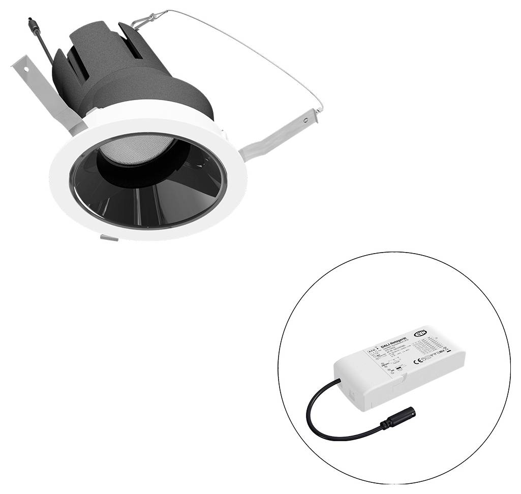 Eingebaute LED-Einbauleuchte mit verstellbarem Zierring, dargestellt mit ihrem externen Trafo/Netzteil in einem eingefügten Kreis.