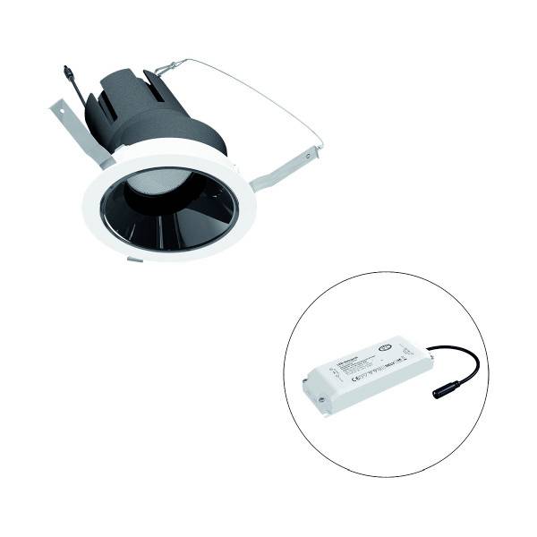 Schwarzer Einbaustrahler mit weißem Rand, daneben ein rechteckiges LED-Treiber-Modul mit Kabel, für professionelle Beleuchtung.