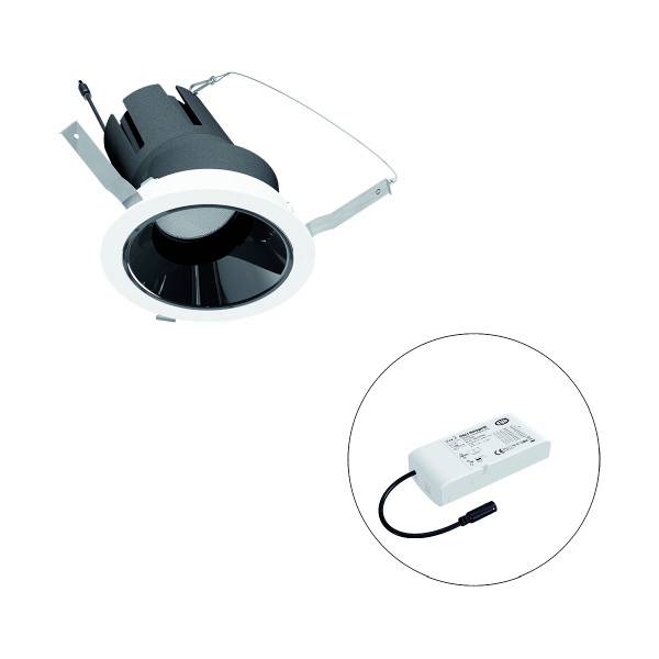 Abbildung eines runden Downlight-Einbaustrahlers mit LED-Treiber-Einheit. Geeignet für Deckeneinbau in Innenräumen.