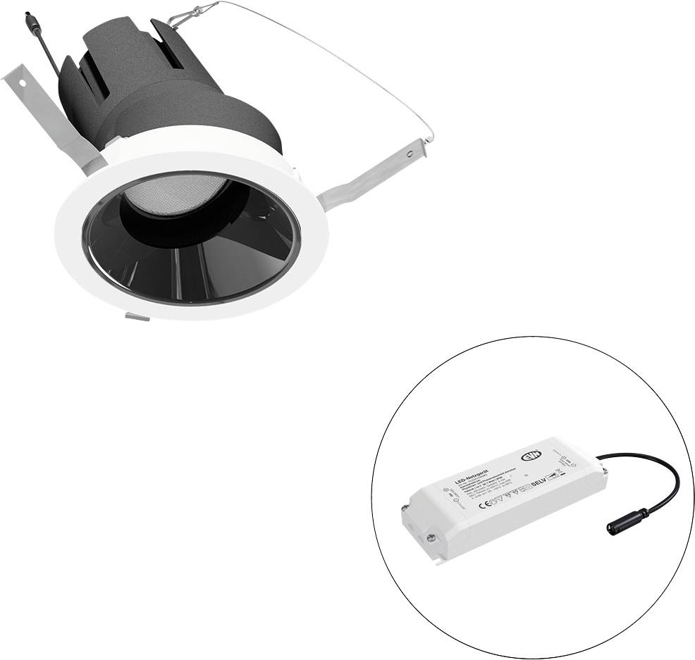 Eingebauter Deckenspotlight mit schwarzem und weißem Rahmen, dargestellt mit seinem separaten LED-Treiber in einer runden Einfassung.