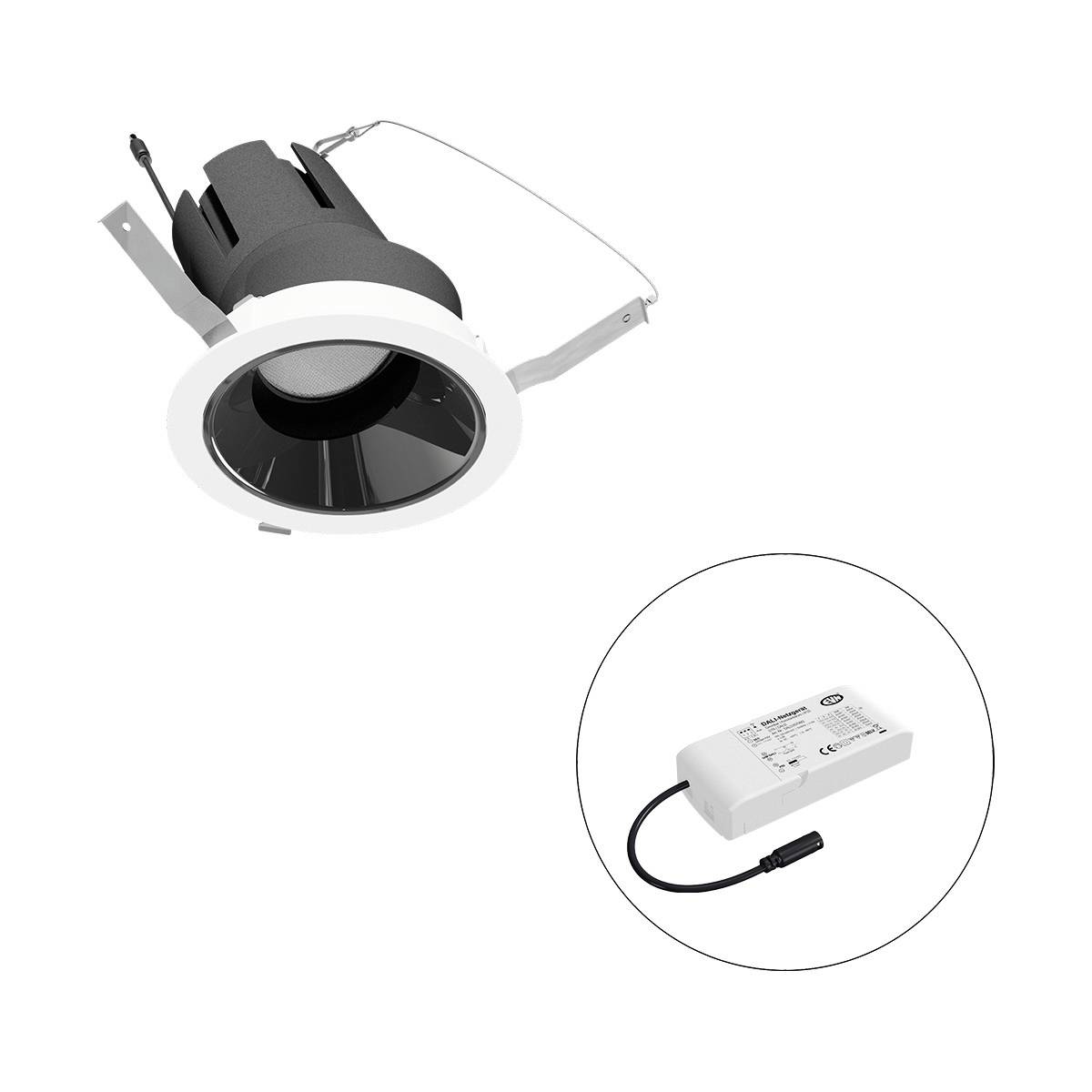 Rundes LED-Einbaulicht mit schwarzem Innenreflektor und weißem Rand, daneben ein rechteckiges Netzteil mit Kabelanschluss.