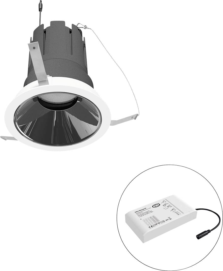 Eingebaute LED-Leuchte mit weißer Blende und separater Treibereinheit, dargestellt in einer kreisförmigen Vergrößerung.