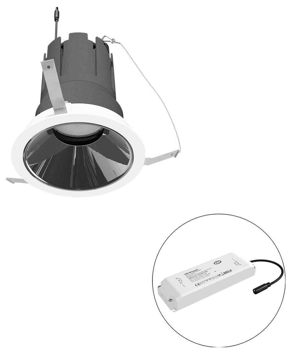 Eingebauter LED-Downlight mit weißem Rahmen und Befestigungsclips, gezeigt mit separat angebrachtem Treiber in einer kreisförmigen Einfügung.