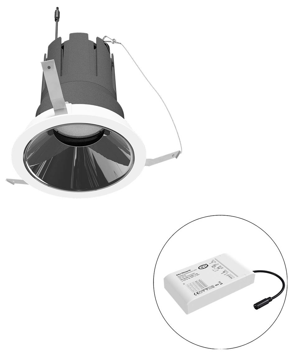 Eingebauter LED-Einbauspot mit weißer Blende und schwarzem Gehäuse, dargestellt mit separatem Treiber-/Transformatormodul in einer kreisförmigen Vergrößerung.