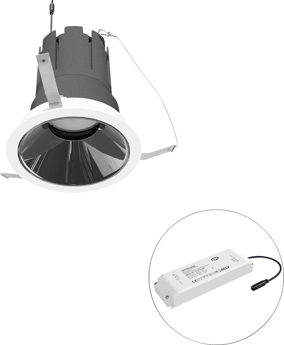 Eingebauter LED-Einbaustrahler mit verstellbaren Federklemmen und separates Treibermodul wie in der Vergrößerung dargestellt.