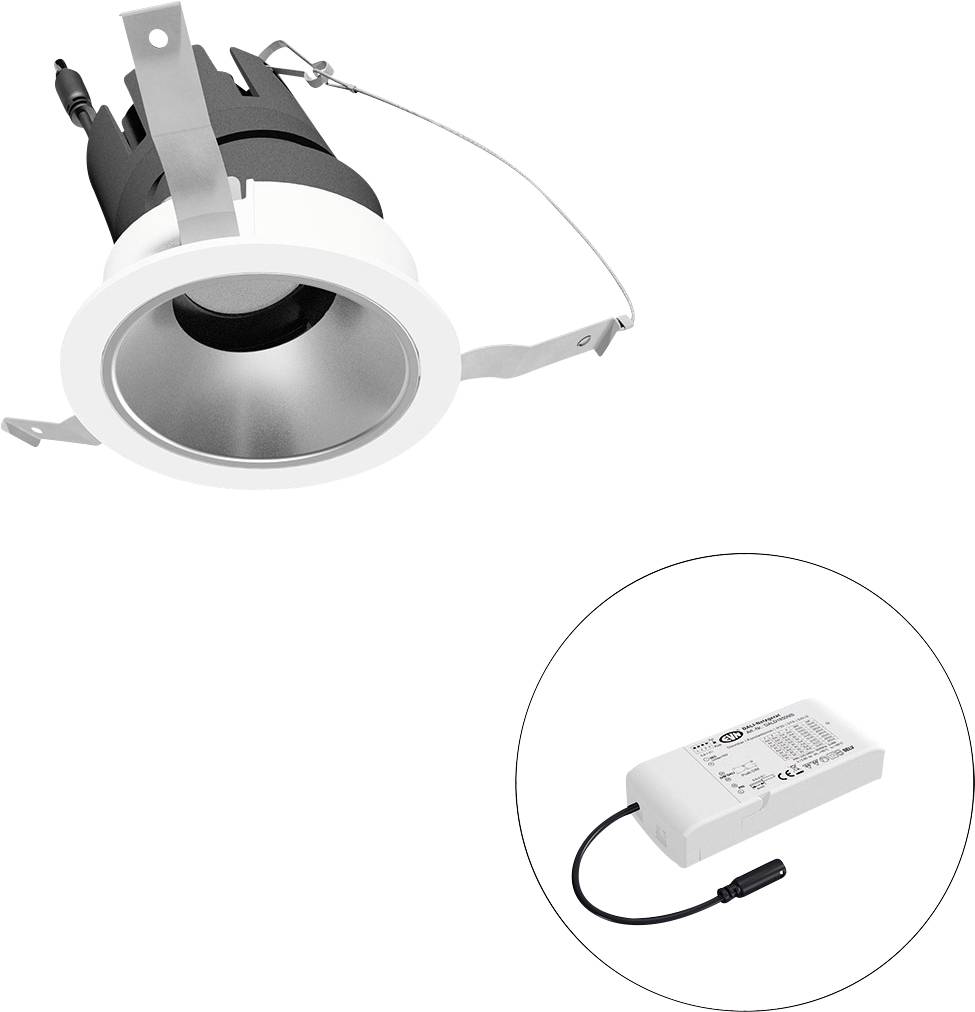 Ein weißer Einbau-LED-Downlight mit separatem runden Trafo, geeignet für Deckeneinbau und energieeffiziente Beleuchtung.
