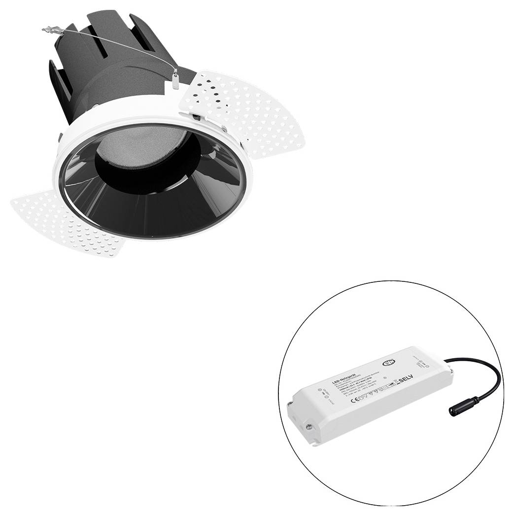Eingebauter LED-Einbauleuchte mit Federklemmen und separatem weißem Treiber/Transformator in einem Inset-Kreis dargestellt.