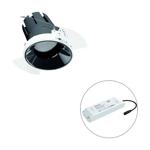LED-Downlight mit schwarzem Reflektor und integriertem Treiber im runden Gehäuse. Daneben ein externes LED-Netzteil mit Kabel.