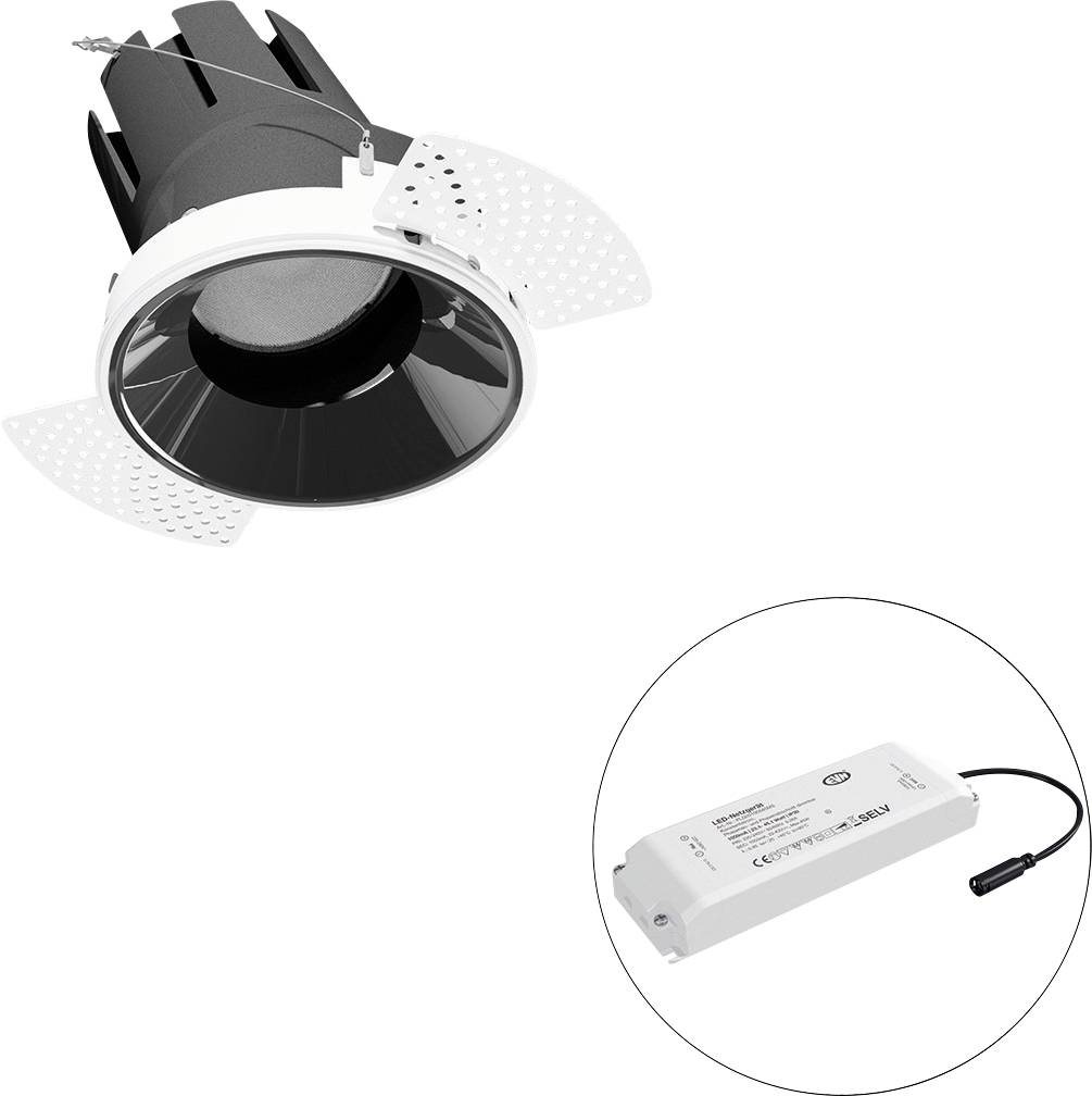 Einbau-Downlight mit schwarzem Reflektor und externem LED-Treiber. Geeignet für Deckeninstallationen zur Beleuchtung.