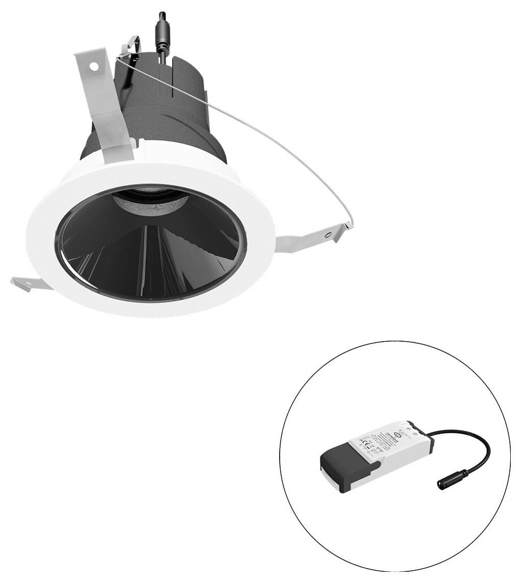 Einbau-Downlight-Leuchte mit LED-Treiber, dargestellt in einem eingefügten Kreis, das die Leuchte und ihre Stromversorgungskomponente veranschaulicht.