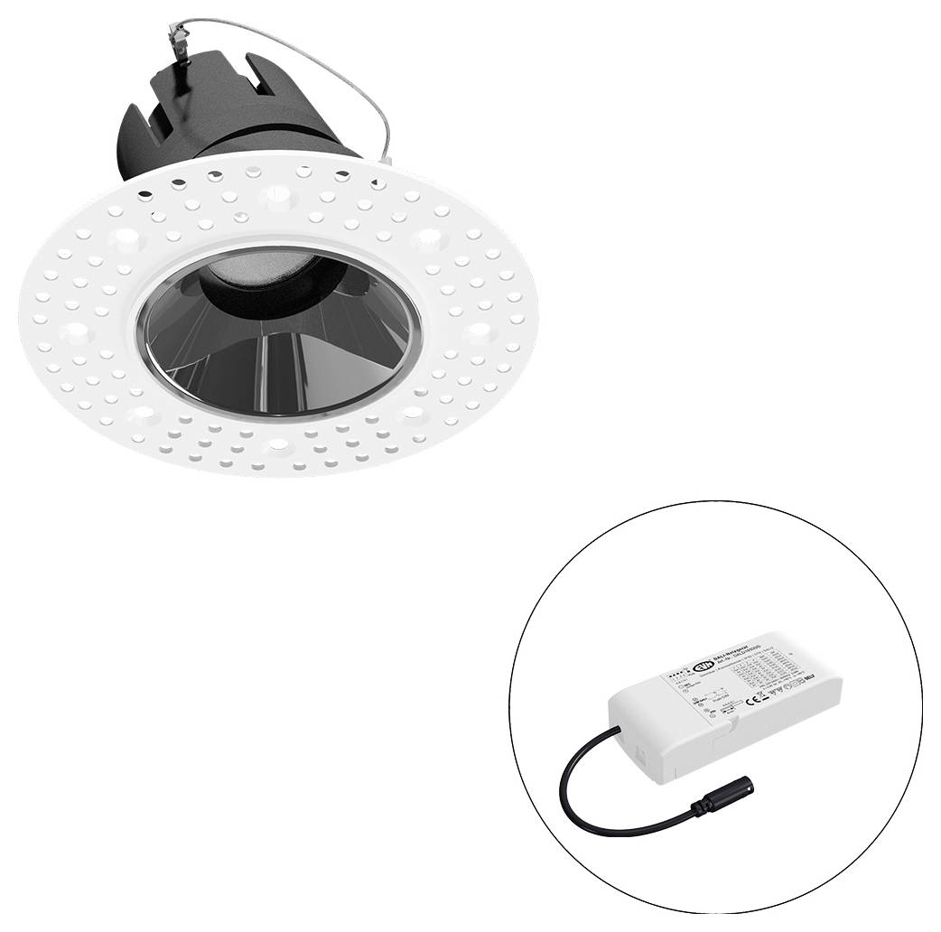 Eingebaute LED-Downlight mit weißer perforierter Blende und separates Netzgerät in einem eingefügten Kreis dargestellt.