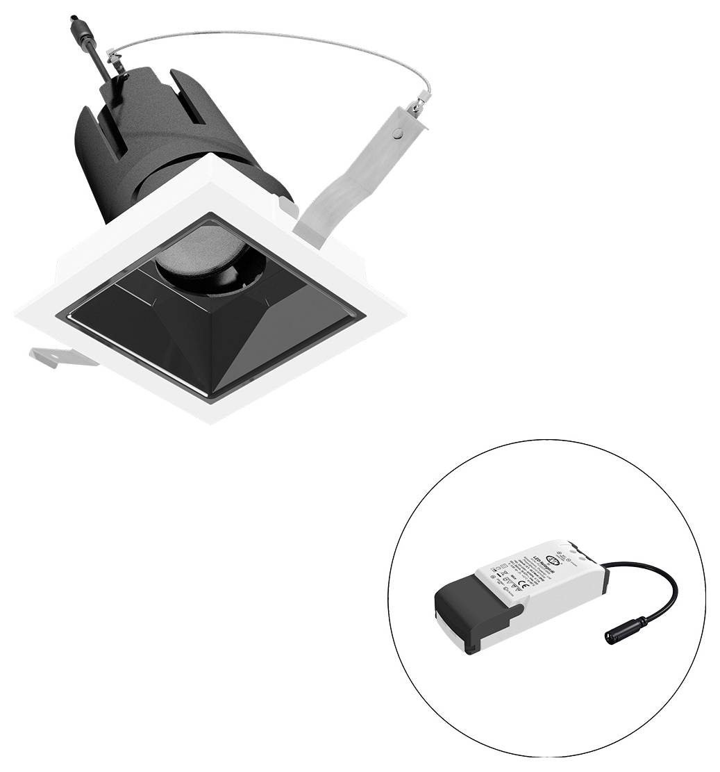 Eingebauter quadratischer Deckenspot mit separatem LED-Treiber/Stromversorgung in einem eingefügten Kreis dargestellt.