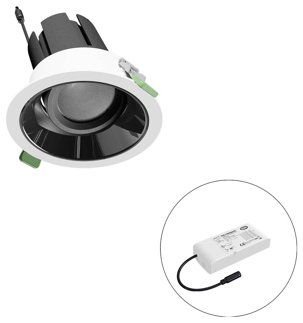 Eingebauter LED-Einbaustrahler mit grünen Federklemmen und separater Treiberstromversorgung, gezeigt in einem Insetkreis.