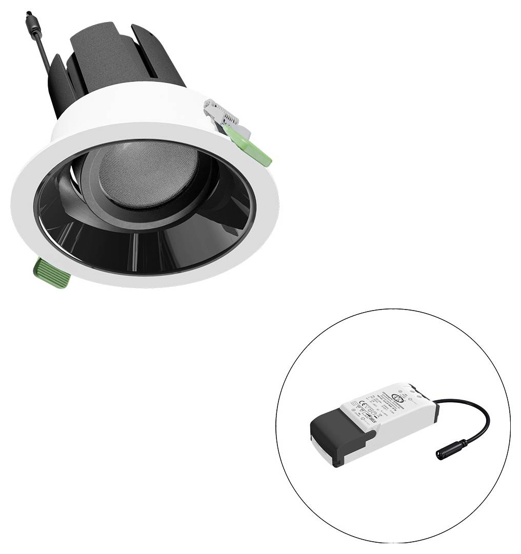 Eingelassener LED-Downlight mit separatem Treiber, der in einem Einschubkreis dargestellt ist und die Leuchte und ihre Stromversorgung anzeigt.