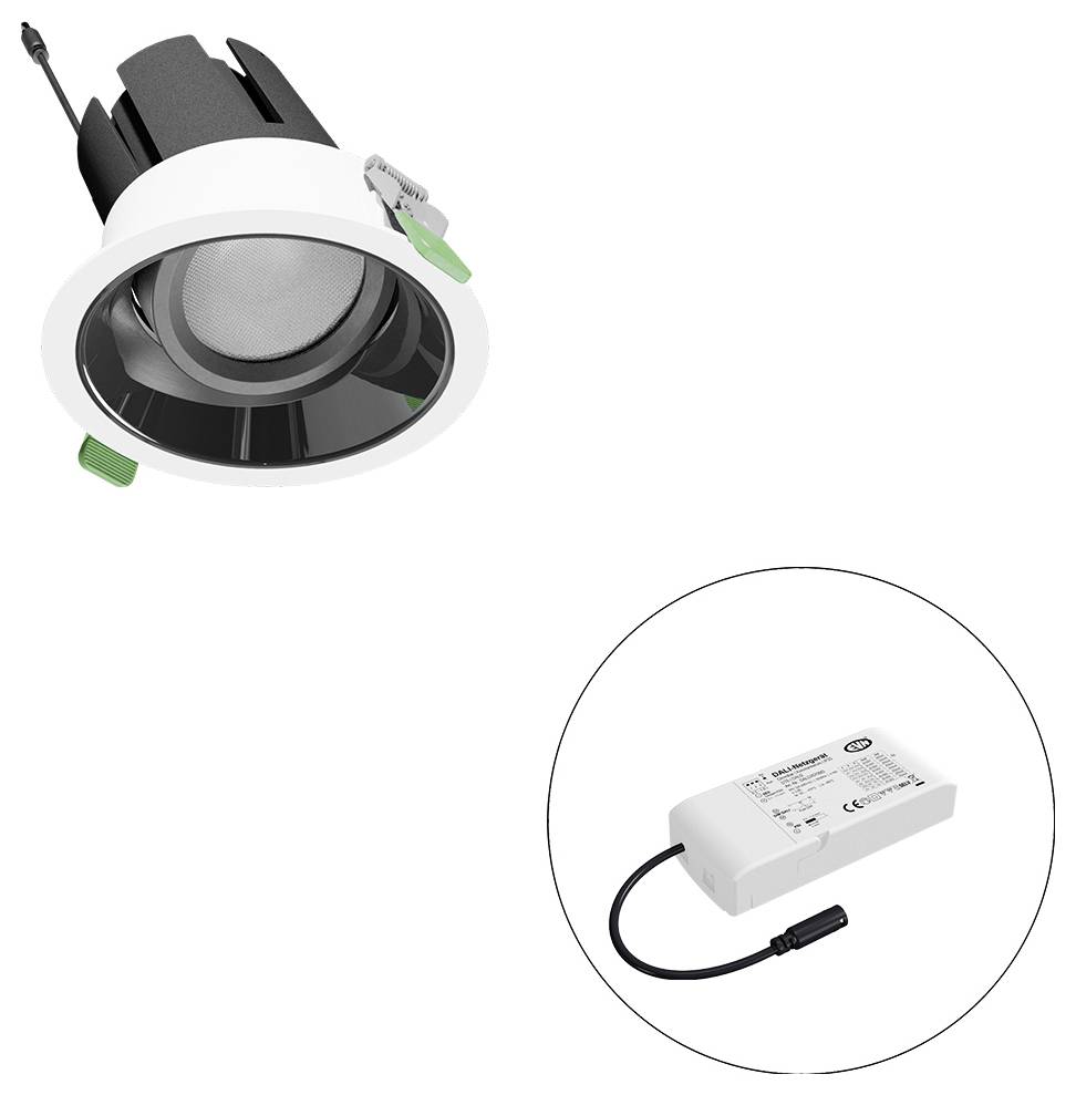 Eingelassener Deckenspot mit verstellbarem weiß perforiertem Trim und schwarzem Gehäuse; Ausschnitt zeigt separates LED-Treibermodul.