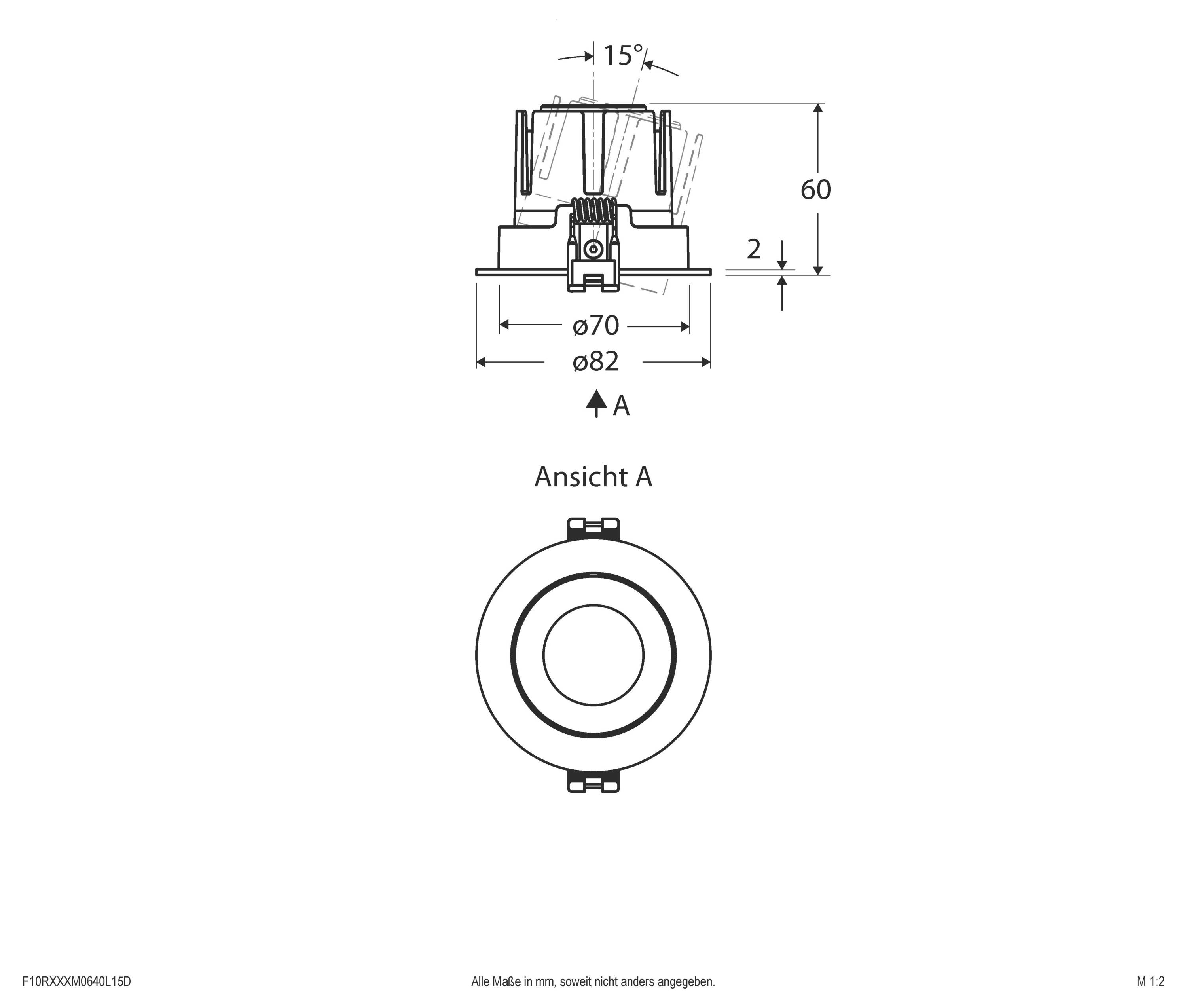 Technische Maßzeichnung eines kreisförmigen mechanischen Bauteils mit Seiten- und Vorderansicht, mit den wichtigsten Abmessungen 60, 70, 82 und 15° gekennzeichnet.