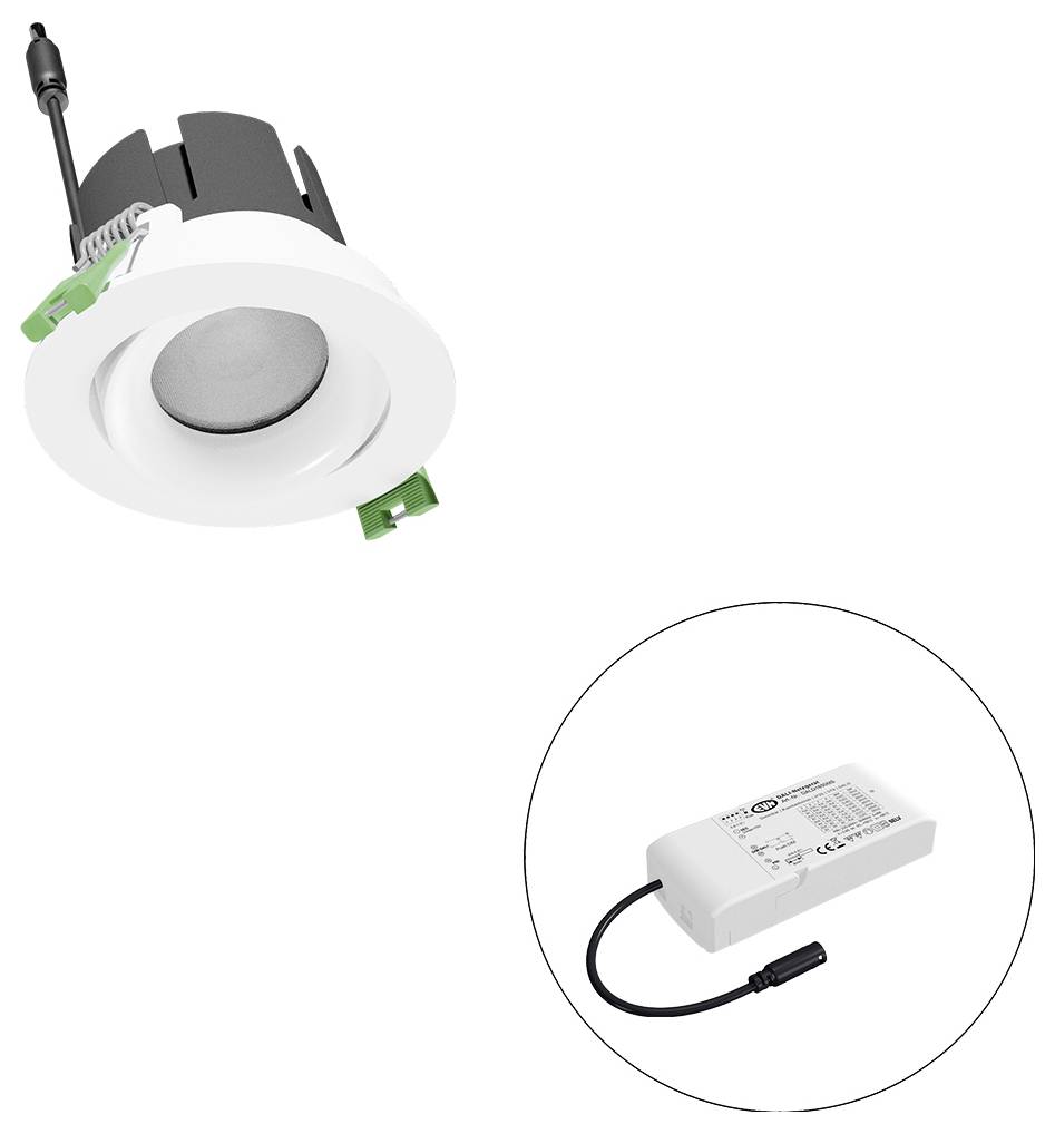 Eingebauter LED-Einbaustrahler mit Federklemmen und angeschlossenem Treibernetzteil, dargestellt in einem Ausschnittkreis.