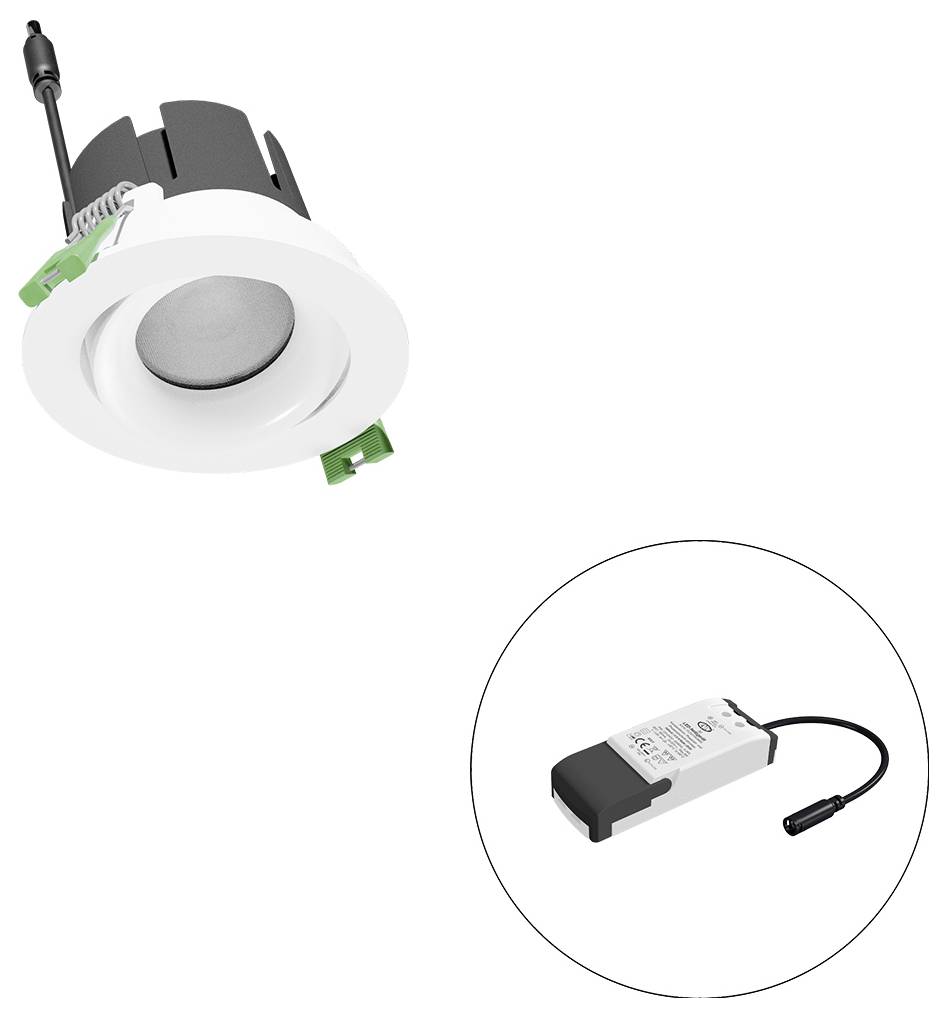 Eingelassener LED-Downlight mit grünen Federclips, plus separates Treibermodul in einer runden Einfügung dargestellt.