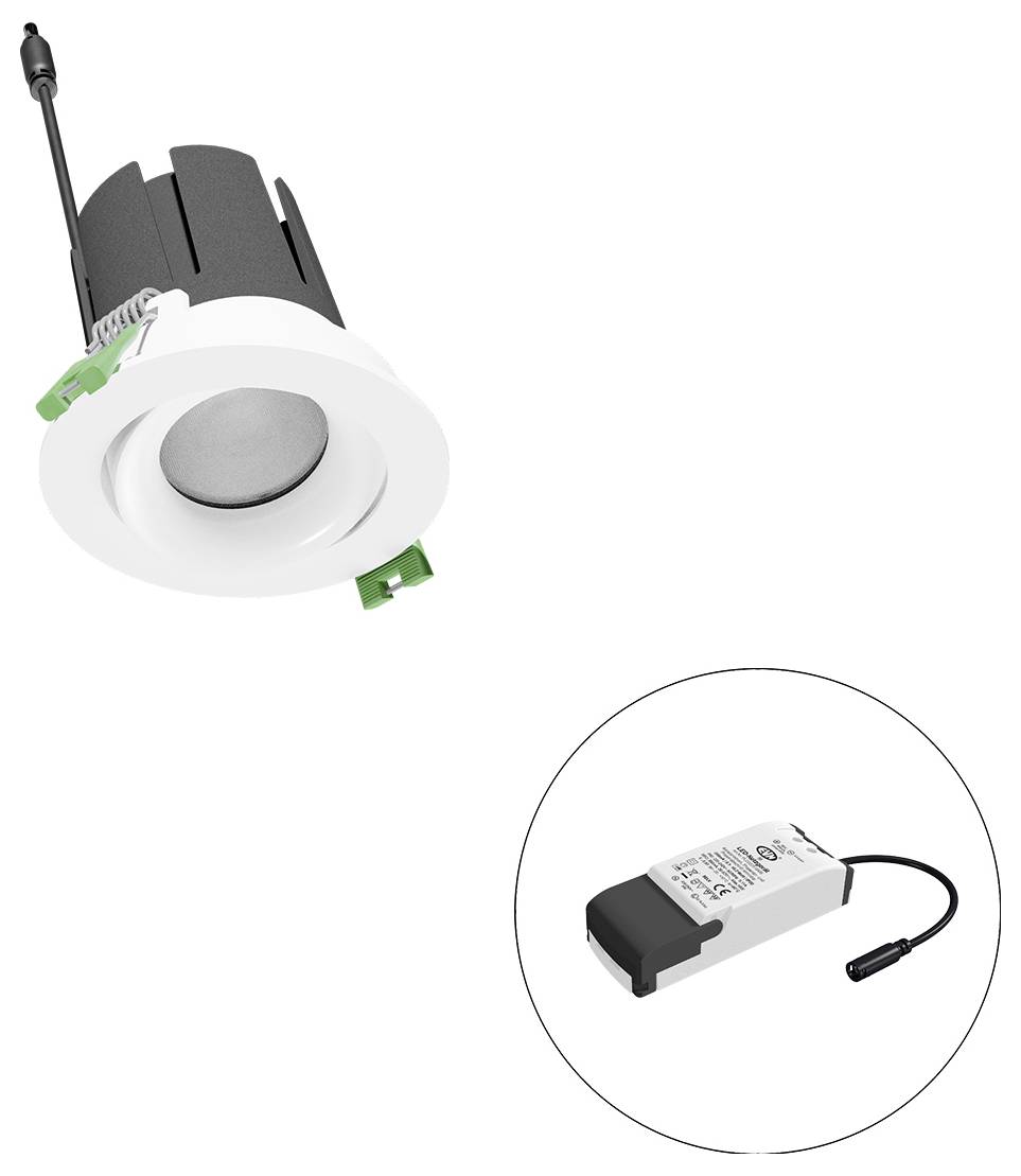 Eingebautes LED-Einbauleuchtgewerk mit integriertem Treiber; Ausschnitt zeigt das Treibermodul und das Stromkabel.