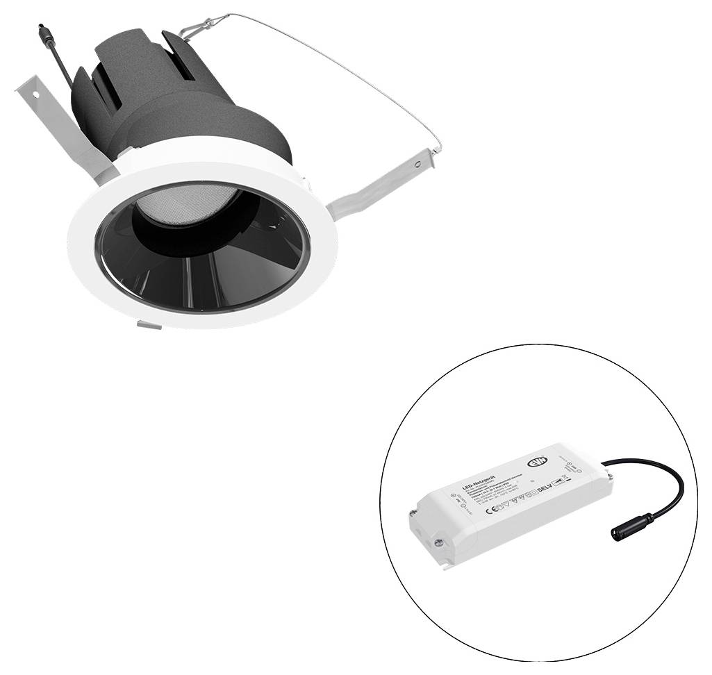 Eingebaute LED-Downlight-Leuchte mit separatem Netzteil, wie in der Vergrößerung gezeigt, das die Leuchte und ihre Stromversorgung veranschaulicht.