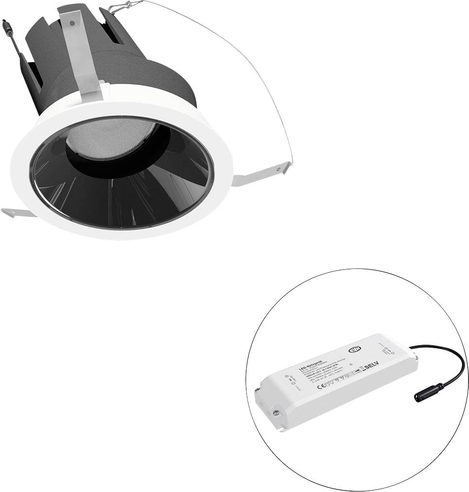 Runde LED-Einbauleuchte mit schwarzem Innenreflektor und weißem Außenring, daneben ein separates rechteckiges Netzteil mit Kabel.
