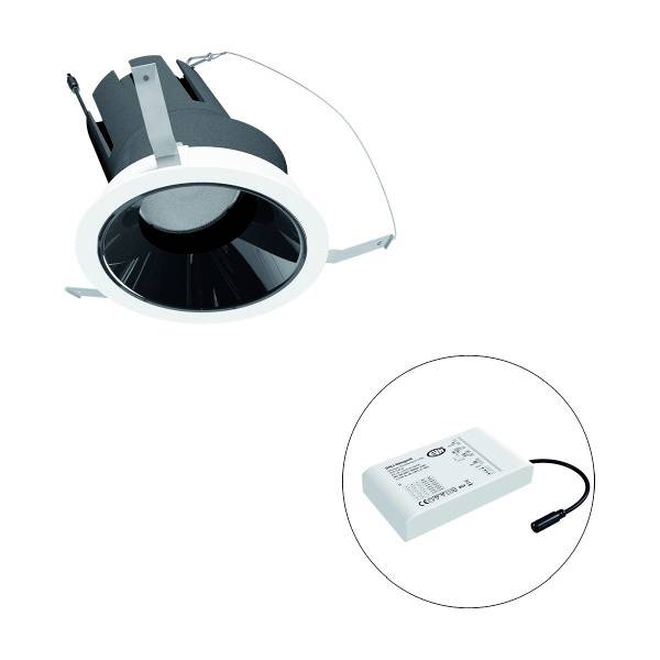 Einbau-LED-Spot, schwarz-weiß mit externer Batterie; rundes Gehäuse. Geeignet für Deckenmontage, energiesparend und modern.