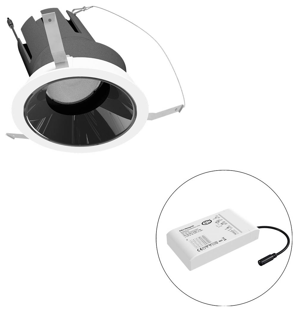 Eingebaute LED-Downlight mit separater Treibernetzversorgung, shown in einem Inset-Kreis dargestellt.