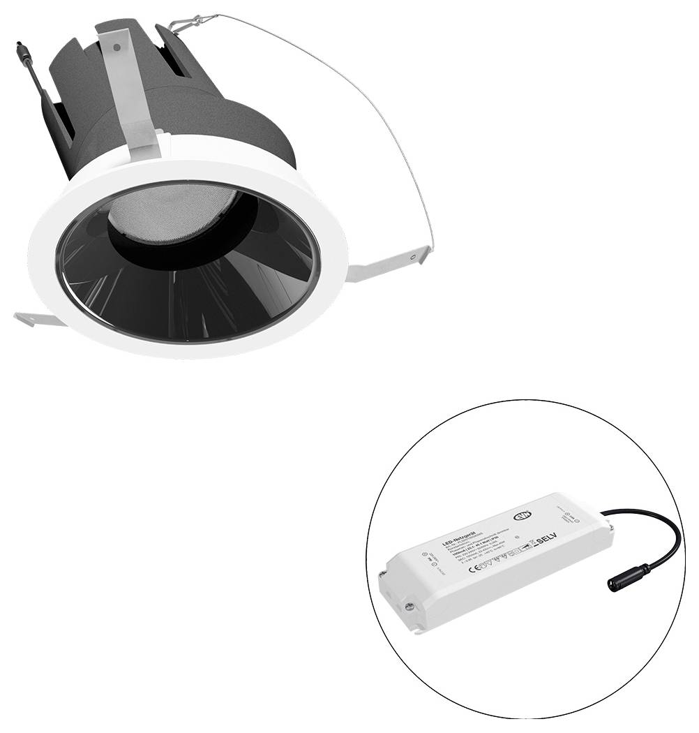 Eingelassene LED-Einbauleuchte mit integriertem Treiber-Netzteil, dargestellt in einer kreisförmigen Vergrößerung.