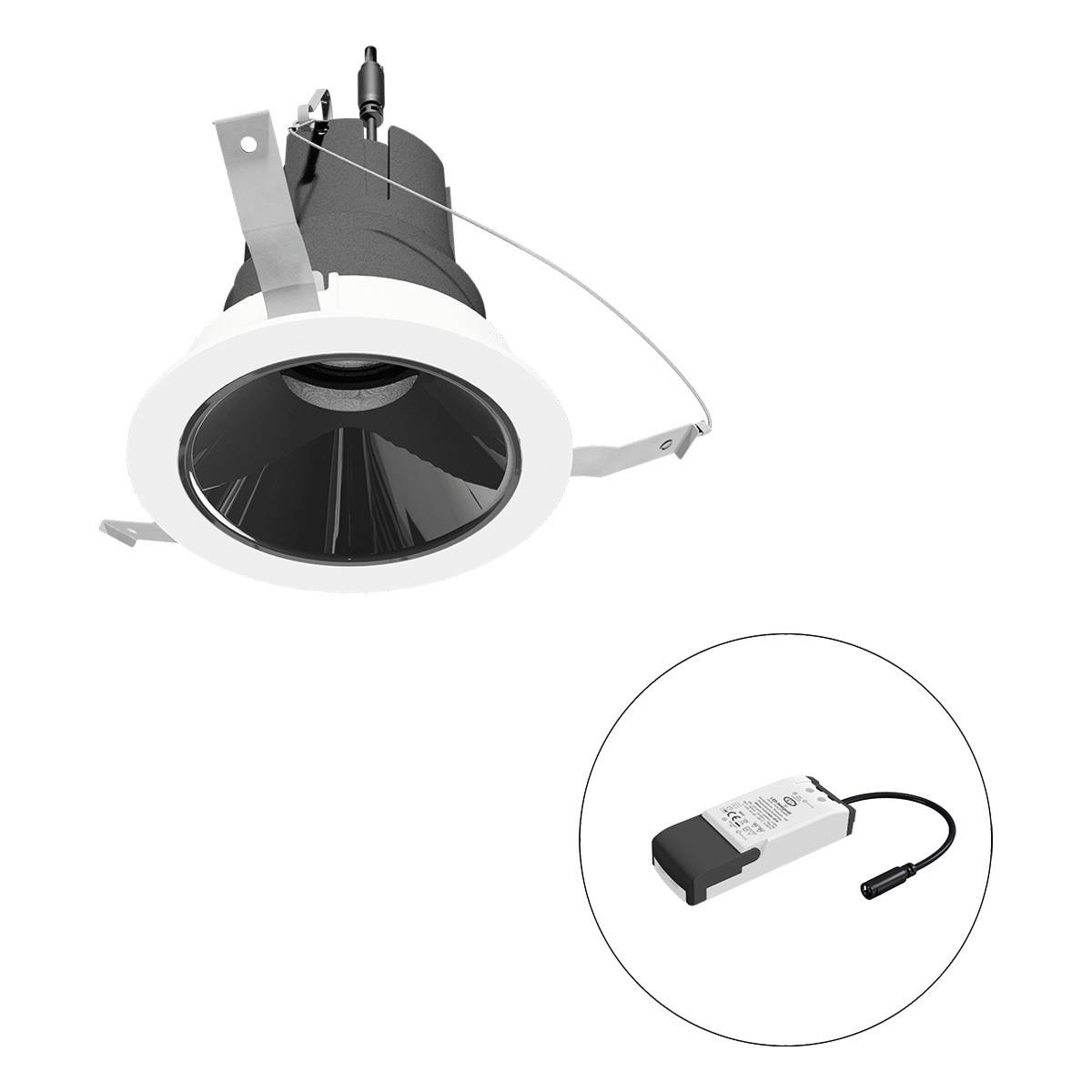 Einbau-LED-Strahler mit runder, weißer Fassung und separatem LED-Treiber im Set, für Deckenmontage geeignet.