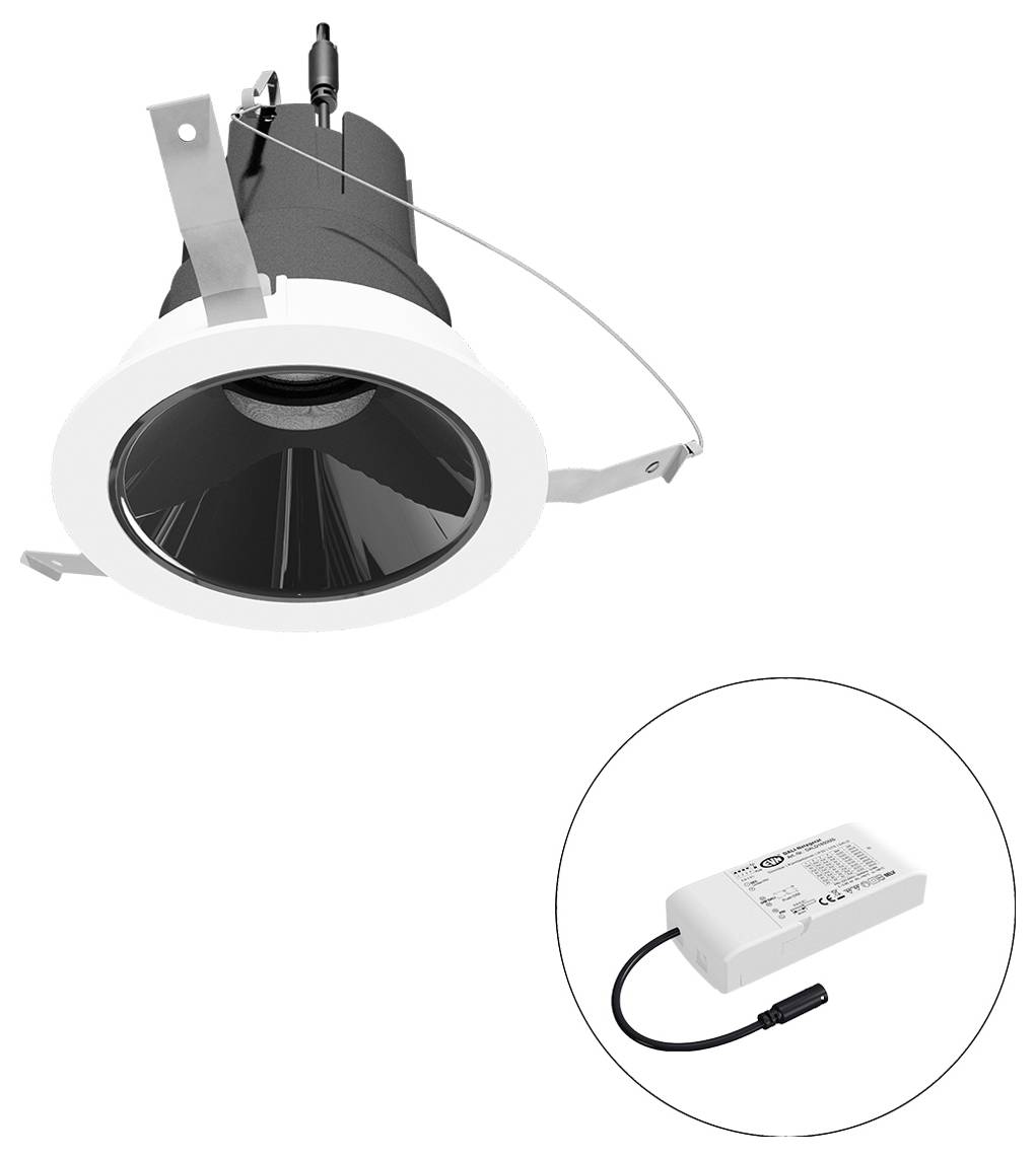 Eingelassenes LED-Einbaustrahler mit Federclips und externem Treiber, dargestellt mit dem Netzteil in einer kreisförmigen Einfassung.