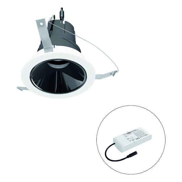 Einbau-LED-Strahler mit schwarzem Reflektor und weißem Rahmen, daneben ein runder LED-Treiber in weiß. Geeignet für Deckeneinbau.