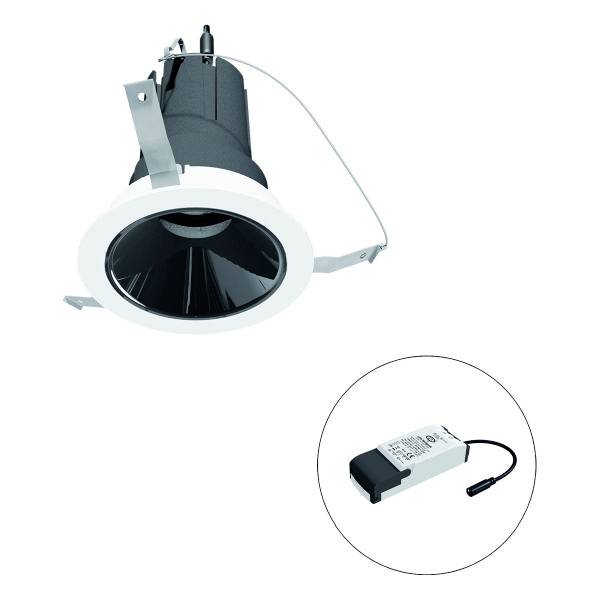 Einbauleuchte mit rundem weißen Rahmen und schwarzem Innenreflektor, daneben ein rechteckiger LED-Treiber mit Kabel.