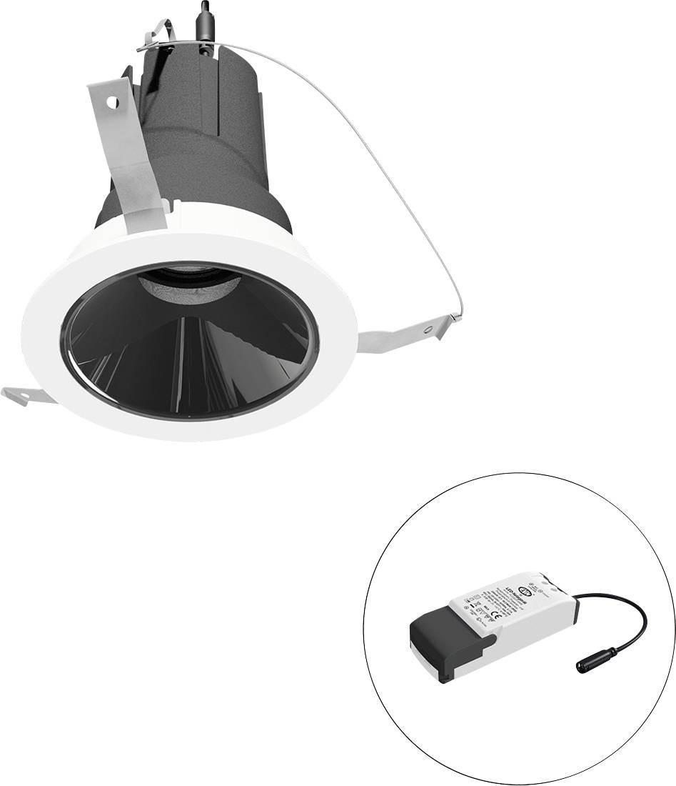 Eingebautes Deckeneinbauleuchte mit Federklemmen, dargestellt mit separatem LED-Treiber/Netzteil in einem eingerahmten Kreis.