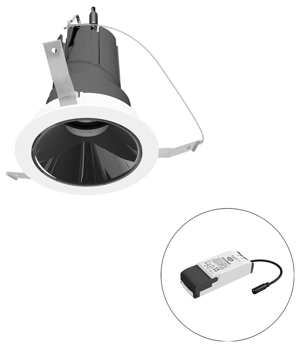 Eingebauter Downlight mit weißem Rand und schwarzem Innenraum, gezeigt mit einem separaten Treibermodul in einer kreisförmigen Ausbuchtung.