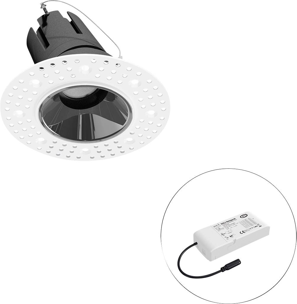 Rundes, bündiges LED-Einbaustrahler mit weißem Rahmen und Reflektor, plus separates Treiber-Netzteil in einem eingefügten Kreis gezeigt.