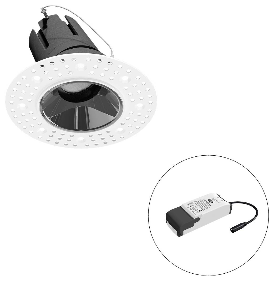Eingebauter LED-Einbaustrahler mit separatem Treibermodul, das in einem Insetkreis gezeigt wird.