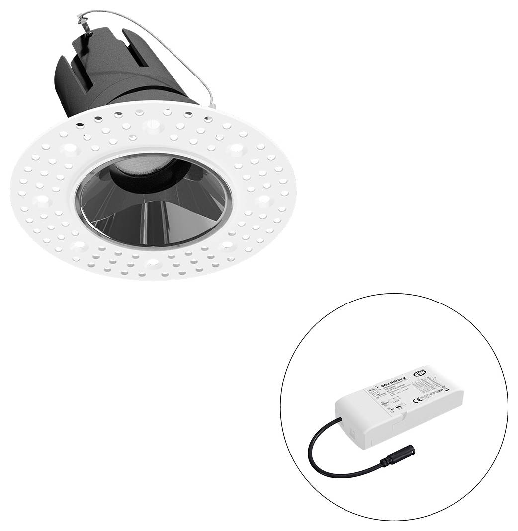 Eingelassene LED-Downlight mit weißem perforierten Rand und separater Stromversorgung für den Treiber in einem Insetkreis dargestellt.
