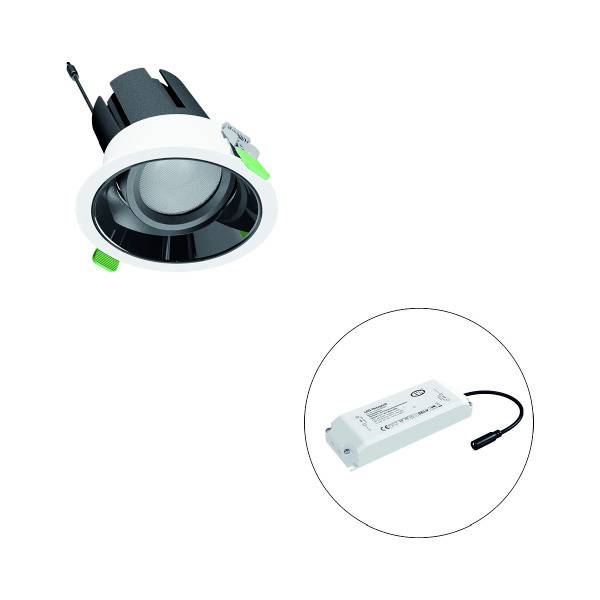 Ein verstellbarer Einbauspot mit LED und separatem Treiber, geeignet für Deckeneinbau zur zielgerichteten Beleuchtung.