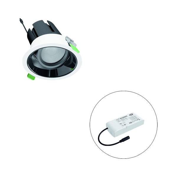 Runde LED-Einbauleuchte mit weißem Rahmen und schwarzem Innenreflektor, daneben ein rechteckiges weißes Netzteil mit Kabel.