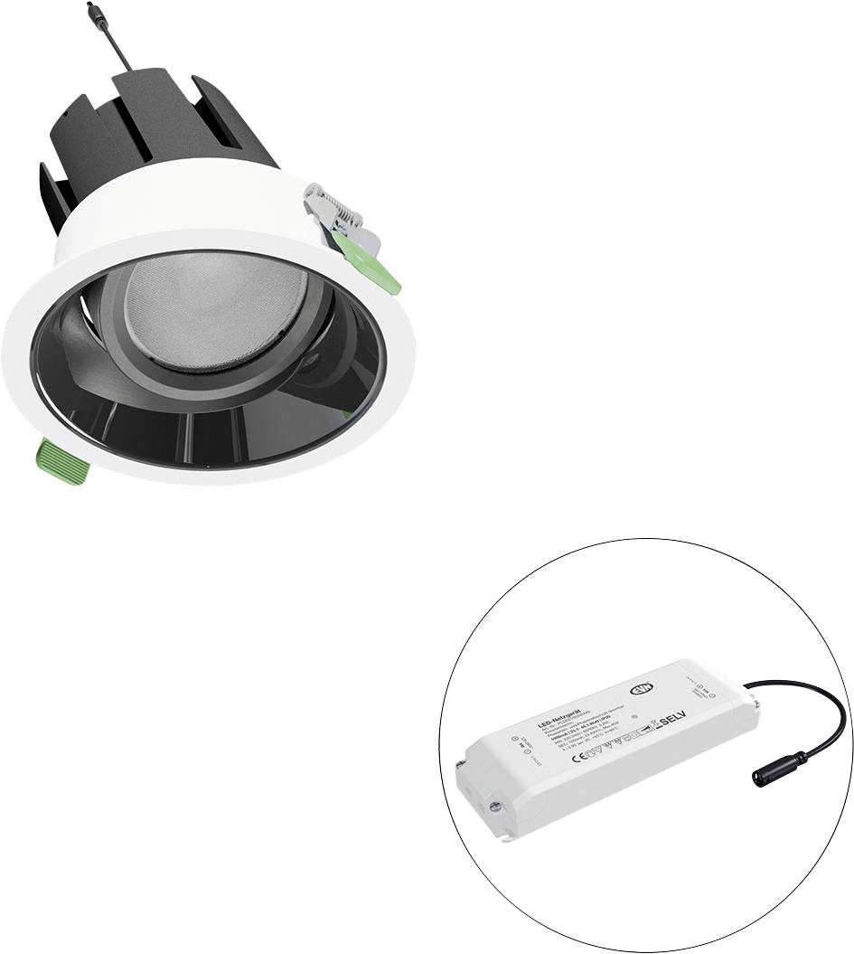 Eingelassene LED-Downlight mit separatem Treiber, dargestellt in einem eingefügten Kreis.
