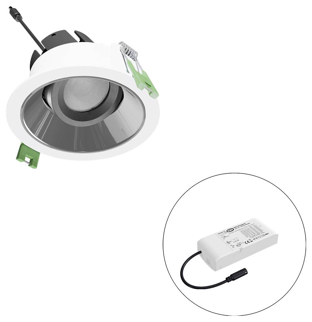 Eingelassene LED-Einbauleuchte mit separatem Netzteil, in einem kreisförmigen Ausschnitt dargestellt, das die Leuchte und die Stromversorgungskomponenten zeigt.