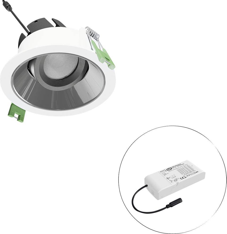 Eingelassener LED-Downlight mit separatem Treiber, shown in a circular inset, highlighting the light fixture and its power supply connection.