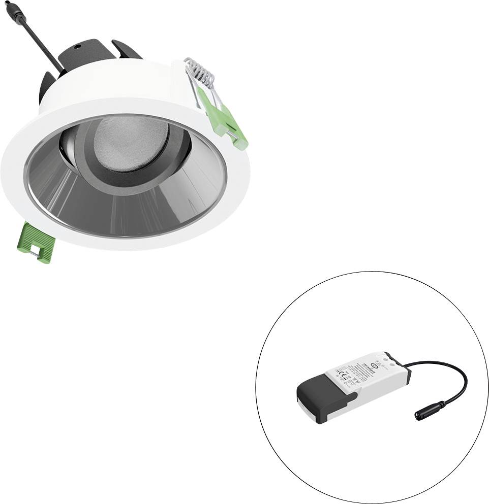 LED-Einbaustrahler mit rundem weißen Rahmen und separatem Stromadapter. Ideal für moderne Inneneinrichtungen und Energiesparbeleuchtung.