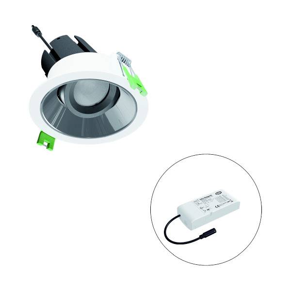 LED-Downlight mit abgesetztem Treiber im Kreisdesign, Farbton Weiß, geeignet für Einbau in Decken; energieeffiziente Beleuchtungslösung.