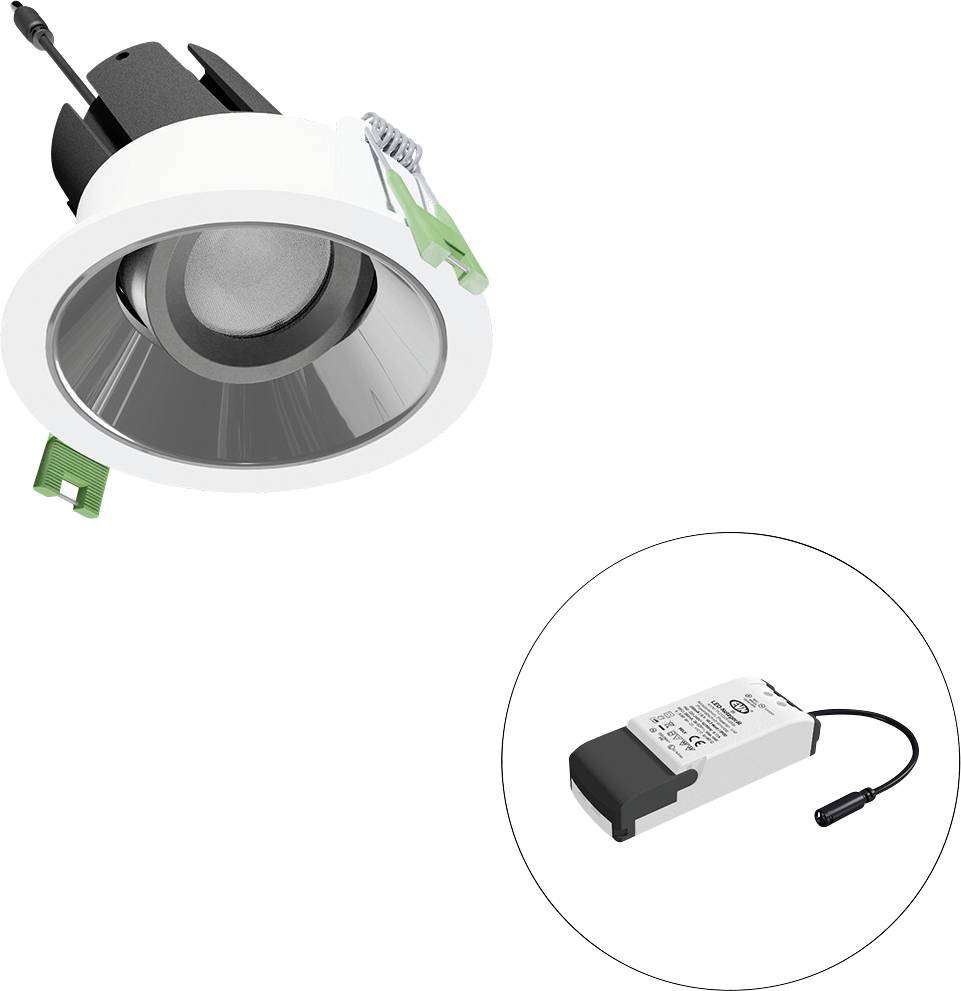 Eingebauter LED-Downlight mit weißem Rand und angebautem Vorschaltgerät, wie im Inset-Kreis gezeigt.