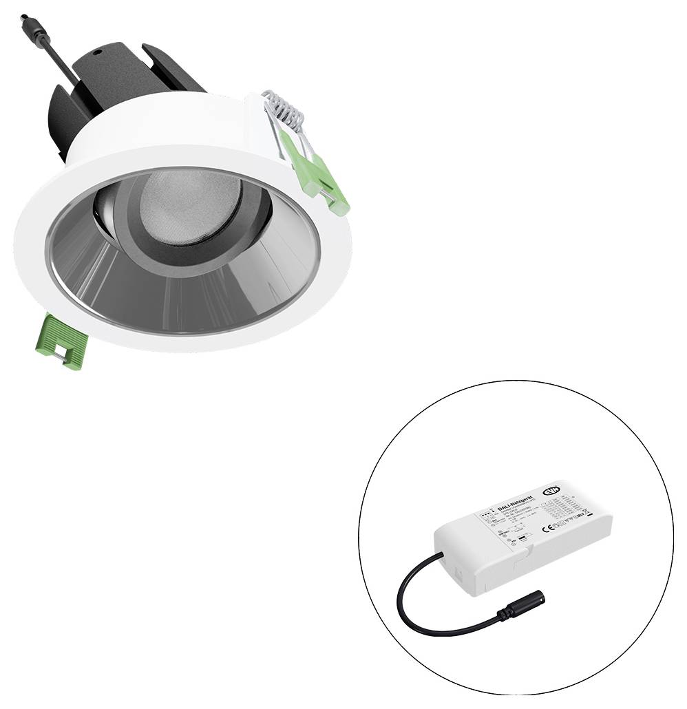 Eingelassene LED-Downlight mit weißer Blende und grünen Federclips, plus separate Treiber-/Stromversorgung in einem Inset-Kreis dargestellt.
