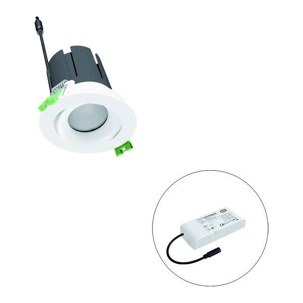 Ein weißer LED-Deckenspot mit schwarzem Gehäuse und separatem LED-Treiber auf weißem Hintergrund.