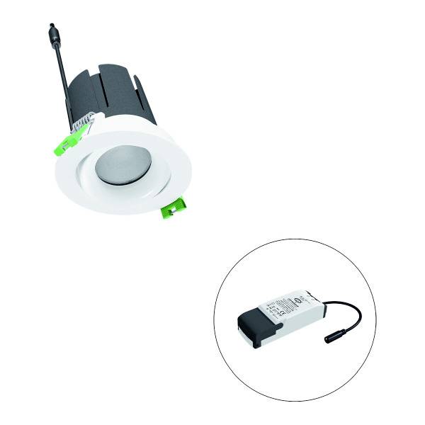 Ein LED-Downlight mit rundem, weißem Rahmen und schwarzem Gehäuse. Daneben ein dazugehöriges Netzteil erkennbar.